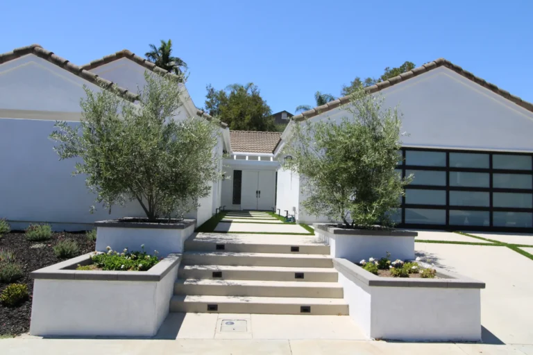 Modern home exterior with a glass garage door and olive trees